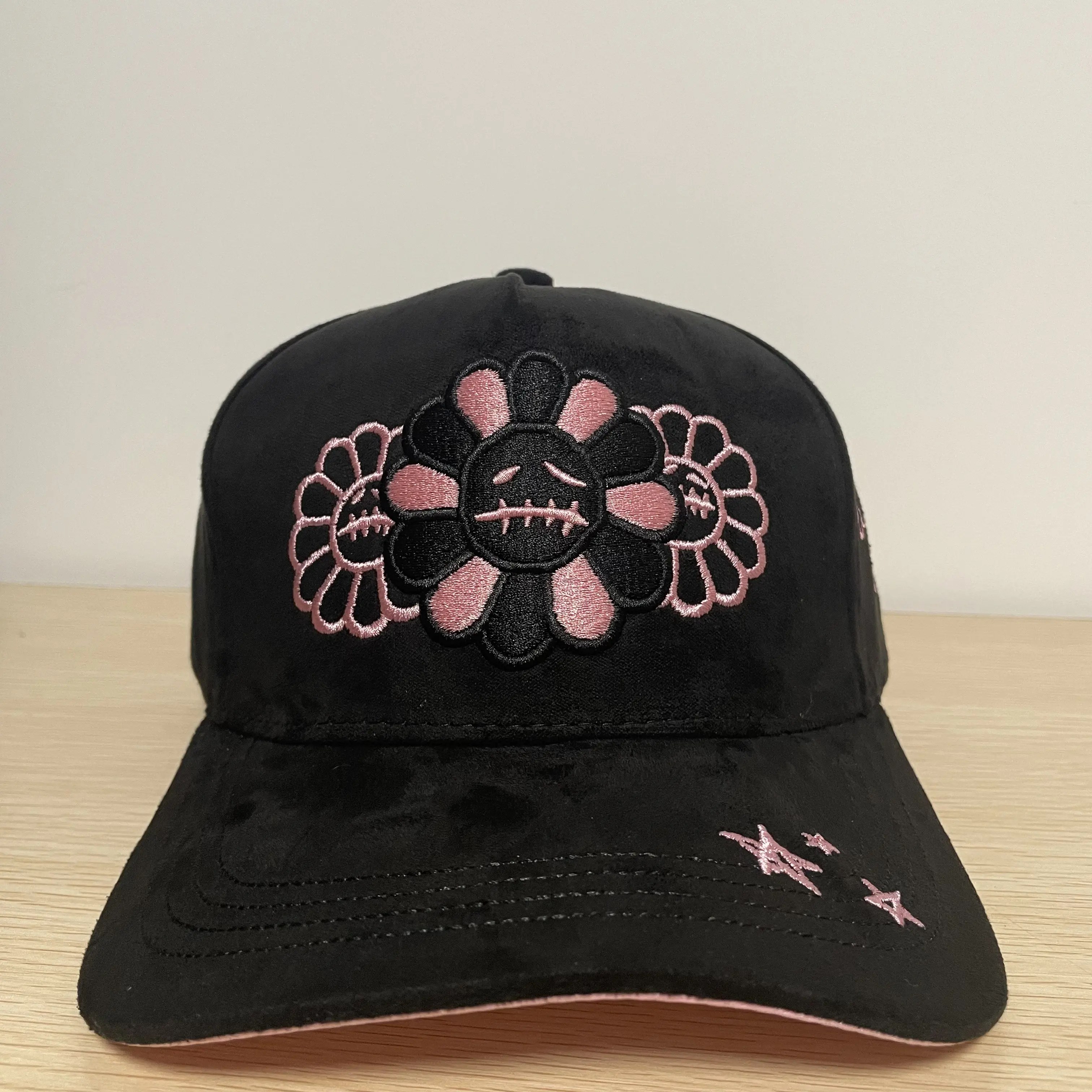 Full Suede Structured Cap, Three Stitched Mouth Flower Embroidery Pink Star Brim Alt Fashion Headwear