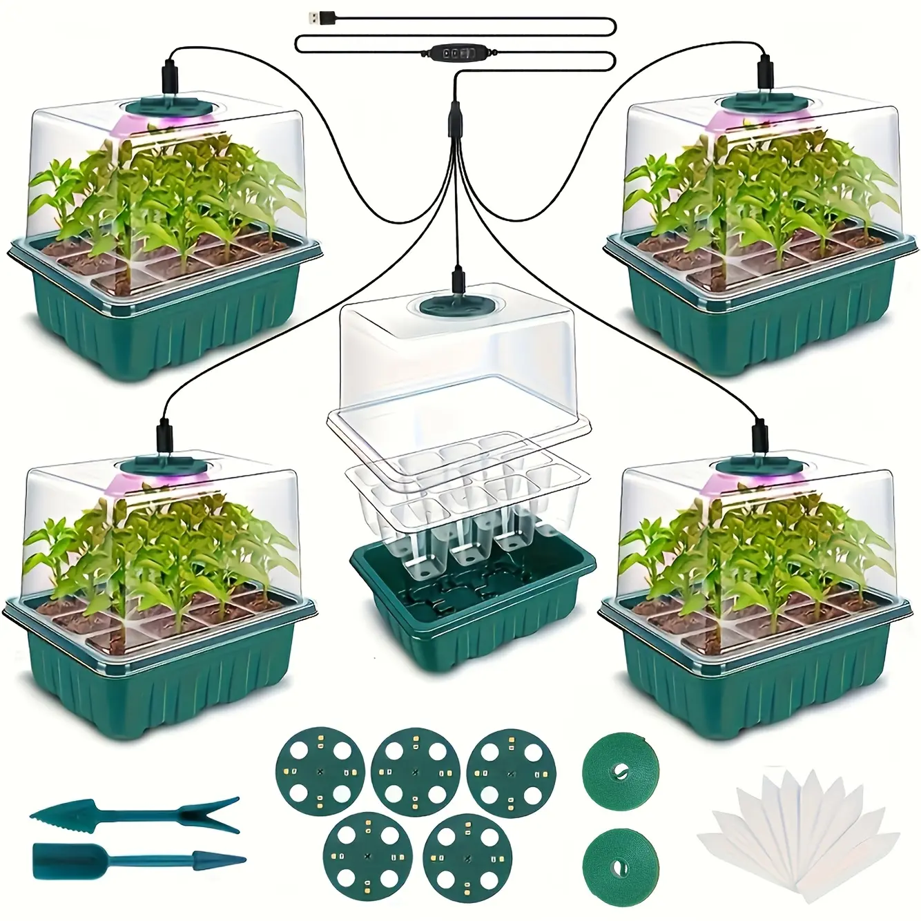 4/5-Pack Tabletop Seedling Starter Tray Kit, Fully Assembled Indoor Greenhouse System with Adjustable LED Growlight, Digital Timer, Dome Cover for Rapid Germination, Robust Growth, Beginner Home Garden Supplies