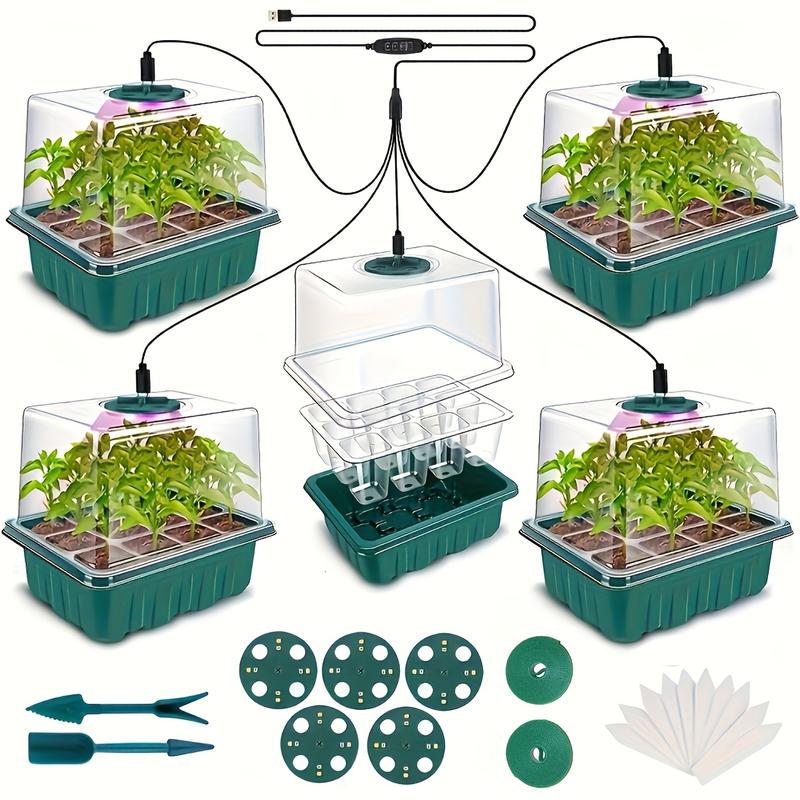 4-Pack Round Plastic Tabletop Seedling Starter Tray Kit - Fully Assembled Indoor Mini Aluminium Greenhouse with Adjustable LED Growth Light, Digital Timer, Humidity Dome Cover, for Beginner Gardening Supplies