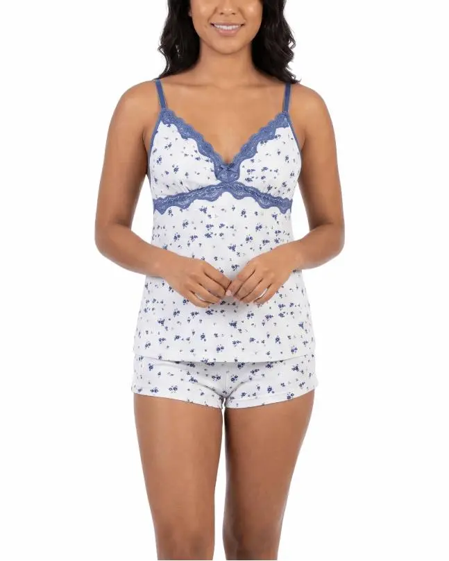 Women's 2-Piece Pajama Set, Gingham or Floral Print Matching Lightweight Camisole and Cheeky Shorts Loungewear, Fabric, Spaghetti Strap, Adjustable, Fit