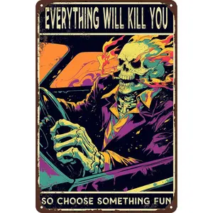 Skeleton Tin Sign Vintage Metal Garage Signs for Men Car Posters Wall Art Decor Skull Metal Tin Sign for Man Cave Funny Street Signs for Bedroom Auto Shop Decor Gifts