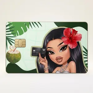 Tropical Girl Card Sticker Cover, Waterproof Vinyl, Aesthetic, 3.37x2.125 in, Scratch-Resistant Laminated, Durable Premium Design for DIY Scrapbooking & Stamping
