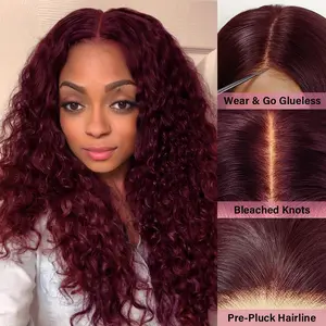 WOWANGEL 5X5 99j Burgundy HD Lace Closure Wigs Human Hair Glueless Wine Red Colored Water Wave Curly Glueless Wigs Pre Plucked 180% DEnsity Wigs for Women Beginner Friendly