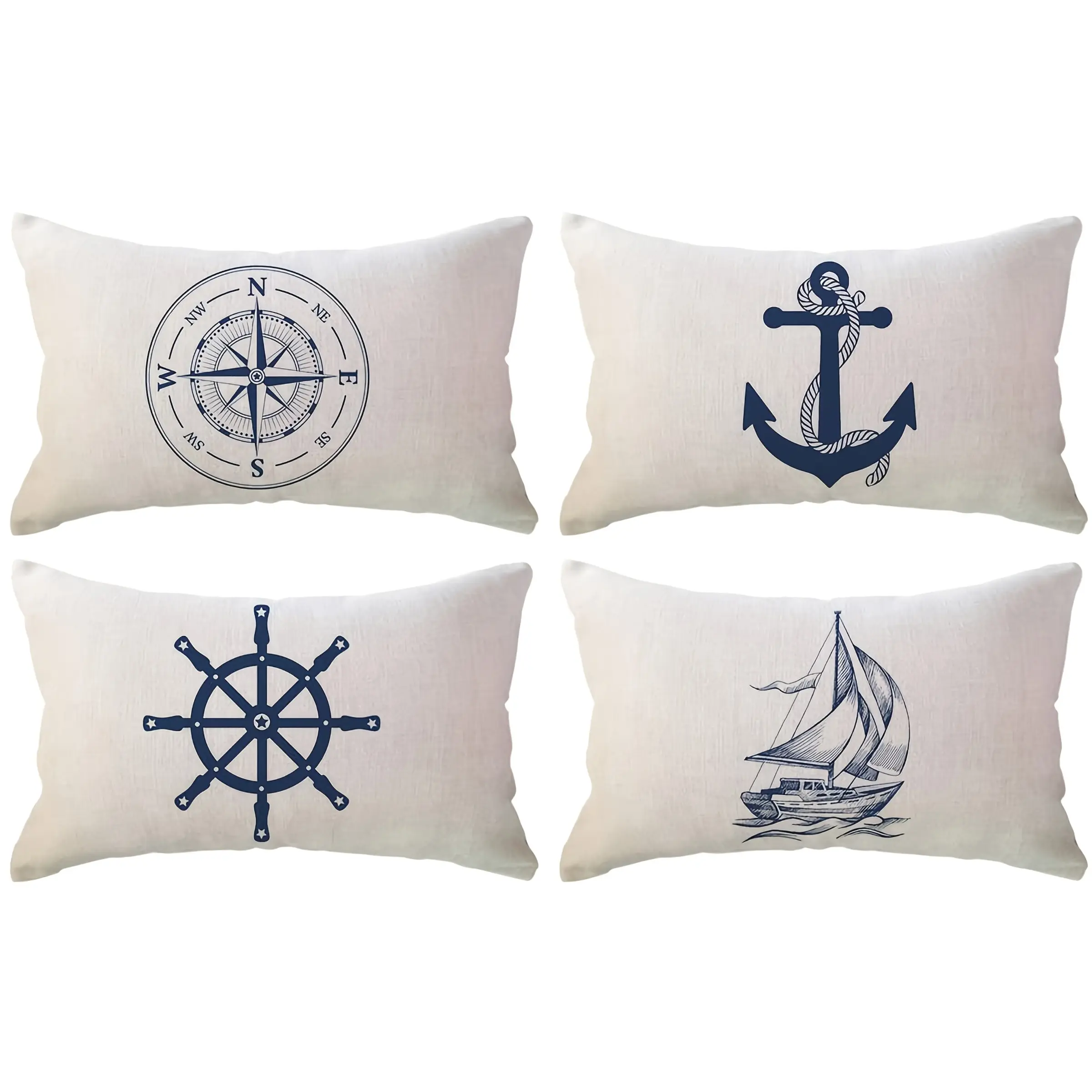 4pcs, Nautical Pillow Covers, Compass Anchor Sailboat Patterns, Ocean Theme, Living Room Bedroom Office, Single-Sided Print, No Insert Included