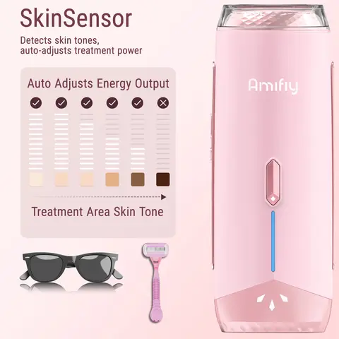 Amifiy IPL Painless Laser Hair Removal Tool (T18A) - Personal Care Grooming Clean-Up Gadget, Cooling Tech, SkinSensor Detects Skin Tones, 3 Energy Levels, 2 Modes, Plug-In/Charger, Home Use for Face & Body (Includes Shaver)