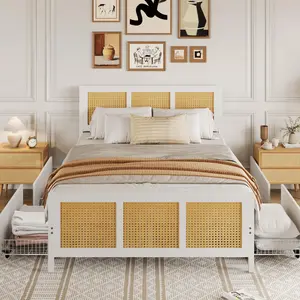 White Rattan King Bed Frame with LED Headboard (7 Colors), Boho Cane Platform Bed with 4 Large Drawers, Strong Metal Slats Support, Noise Free, No Box Spring Needed, Easy Assembly