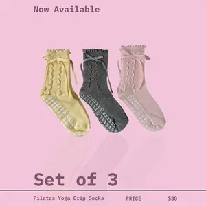Pilates and Yoga Grip Socks - Lightweight Cotton Mix with Frill Detail & Accents Bows, Designed for Pilates & Yoga