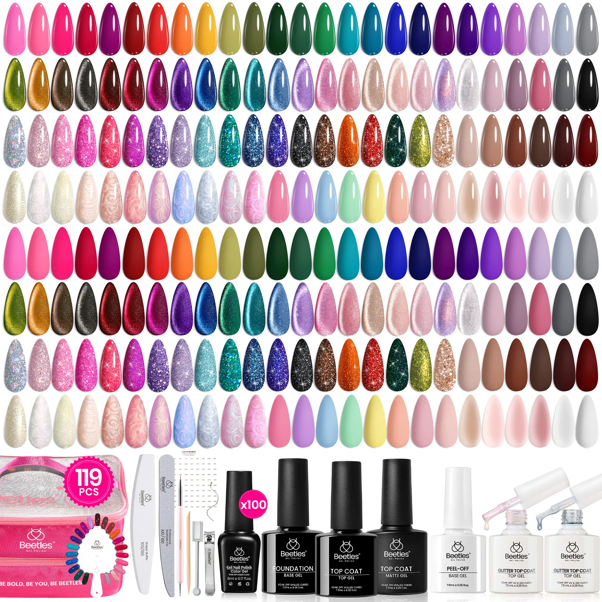 Beetles Gel Nail Polish Nail Art Manicure Set, 100 Colors 5ml Gel Polish Set Base Coat Glossy Matte Glitter Top Coat Gel Nail Polish Glitter Pearl Gel