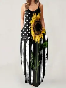 Summer Bestseller Sunflower Star Flag Print Halter Long Dress, Vacation Style Slimming Dress, Casual Fitted Random Print Dress
