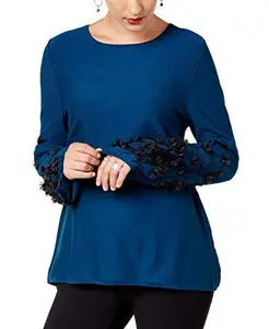 Alfani Womens Embellished Bishop Sleeves Pullover Sweater L , Ocean Teal