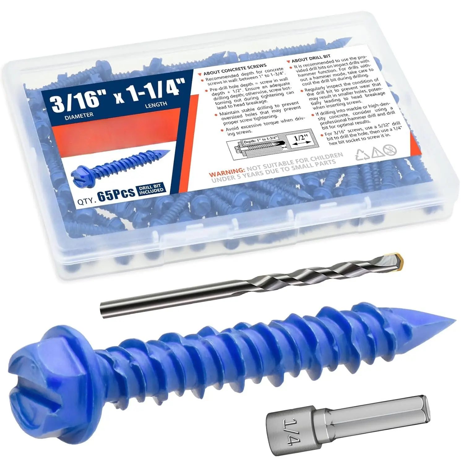Blue Rust-Resistant Hex Head Concrete Screws (3/16"x1-1/4"), 1022a Carbon Steel Fasteners with Drill Tool Set (5/32" Bits), 1/4" Hex Bit Socket, High-Low Thread (Pack of 65, Manufacturer Warranty), Hex Socket Set