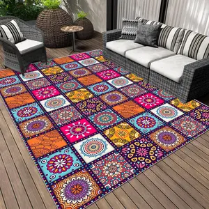 Boho Style Geometric Pattern Outdoor Rug, Waterproof Reversible Patio Rug, Indoor Outdoor Area Rug for Patio Deck Balcony, Picnic Beach Outdoor Decor