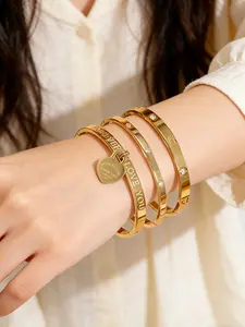 Women Stainless Steel Cuff Bracelet Set, Heart Design Jewelry, Fashionable Casual Luxury Accessory for Women