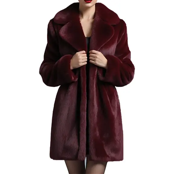 Women's Elegant Burgundy Fur Coat – Long Sleeve Plush Winter Overcoat