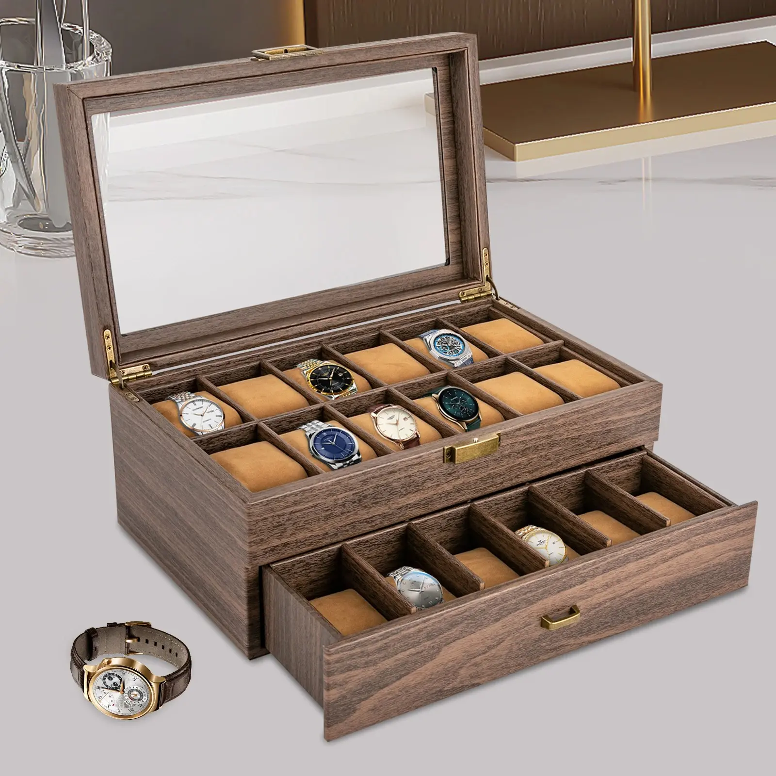 24-Slot Watch Box Organizer with Glass Lid, 2-Tier Rustic Watch Display Case for Watches & Jewelry Storage, Brown