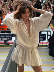 Women's Loose Long Sleeve Dress, Woven, Ruffle Tie Waist Button Neckline, Sweet Fitted Short Dress, French Country Style, Minimalist, All Seasons Wear, Casual Wear