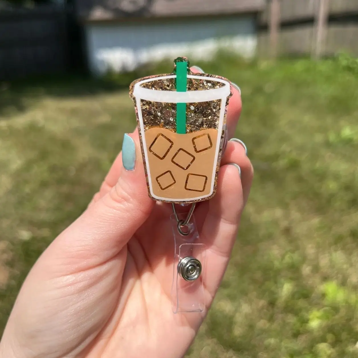 Iced Coffee Glitter Badge Reel: Interchangeable Topper