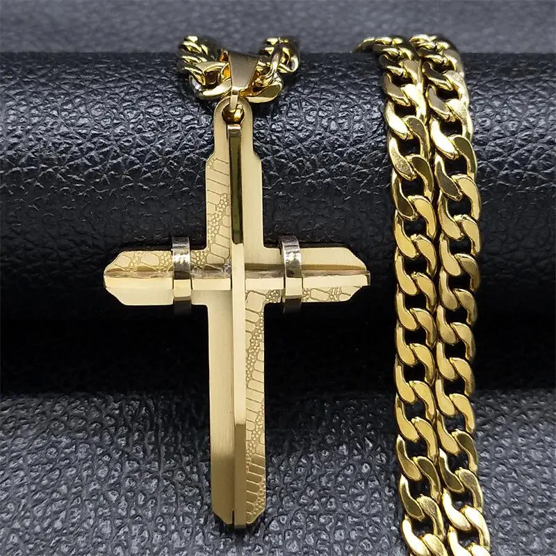 FASHION4U - HNSP 316L Stainless Steel 3D Cross Necklace Pendant For Men Jewelry Accessories Gold Silver Color