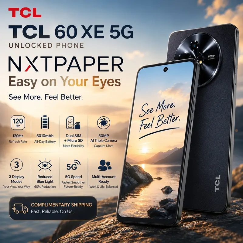 TCL 60 XE NXTPAPER 5G Unlocked Android Cellphone (AT&T, T-Mobile, Verizon SIM Compatible) - 8GB+128GB/8GB+256GB, 6.8 in 120Hz Paper-Like Screen, Fingerprint Support, Selfie Camera, AI Features, 5010mAh Battery, Fast Charging, Audio Support, Tech Deals tec