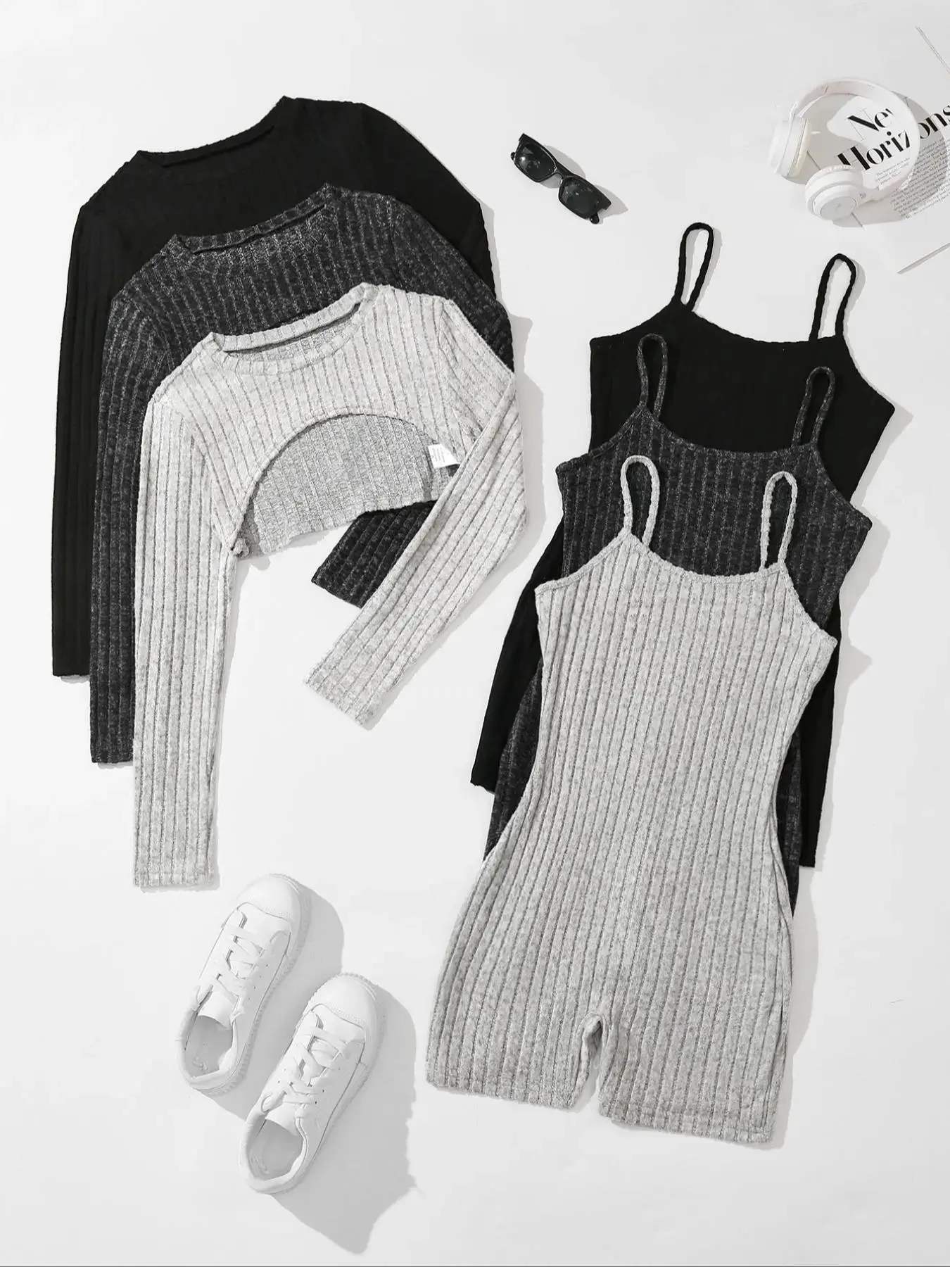Women's Solid Ribbed Crop Top & Romper Set, Casual Basic Fashion Minimalist Cozy Top & Romper for Daily Outdoor Wear, Ladies Clothes for All Seasons, Fitted, Fitted Sleeveless Romper, Knit Romper, Womenswear