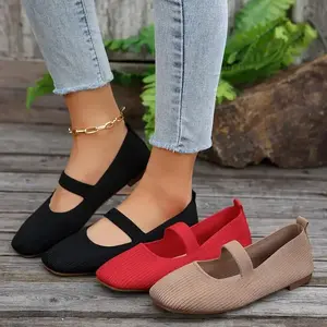 Women's Knit Solid Color Slip-On Square Toe Flats Fabric Upper PU Lining Durable Plastic Sole All Seasons Girl Shoe