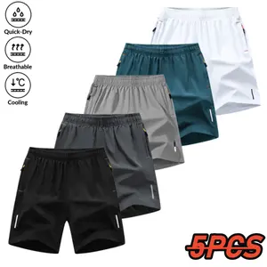 Men's 5-Piece Wrinkle-Resistant Ice Silk Sports Shorts - Gym Shorts, Breezy, Pullstring, Quick-Dry, Loose-Fit, Knee-Length Trunks for Beach & Casual Use, Father's Day Gift, Breezy Men's Shorts