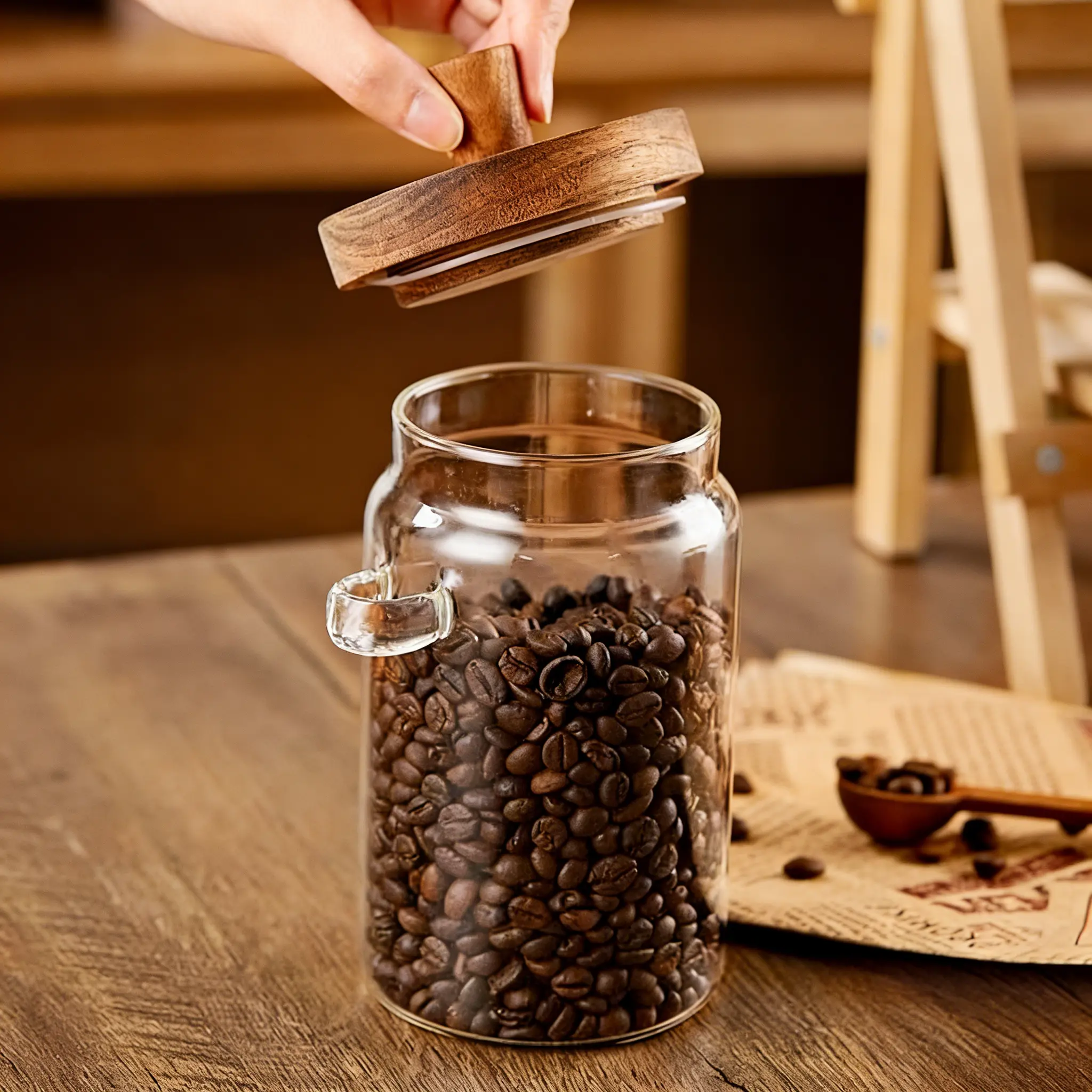 Airtight Round Glass Food Storage Containers Set with Canister - 20.29oz/25.36oz BPA-Free Dustproof Transparent Reusable Jars, Bamboo Lid, Silicone Seal & Utensils, for Coffee Beans, Coffee Lovers, Kitchen Organization Gift