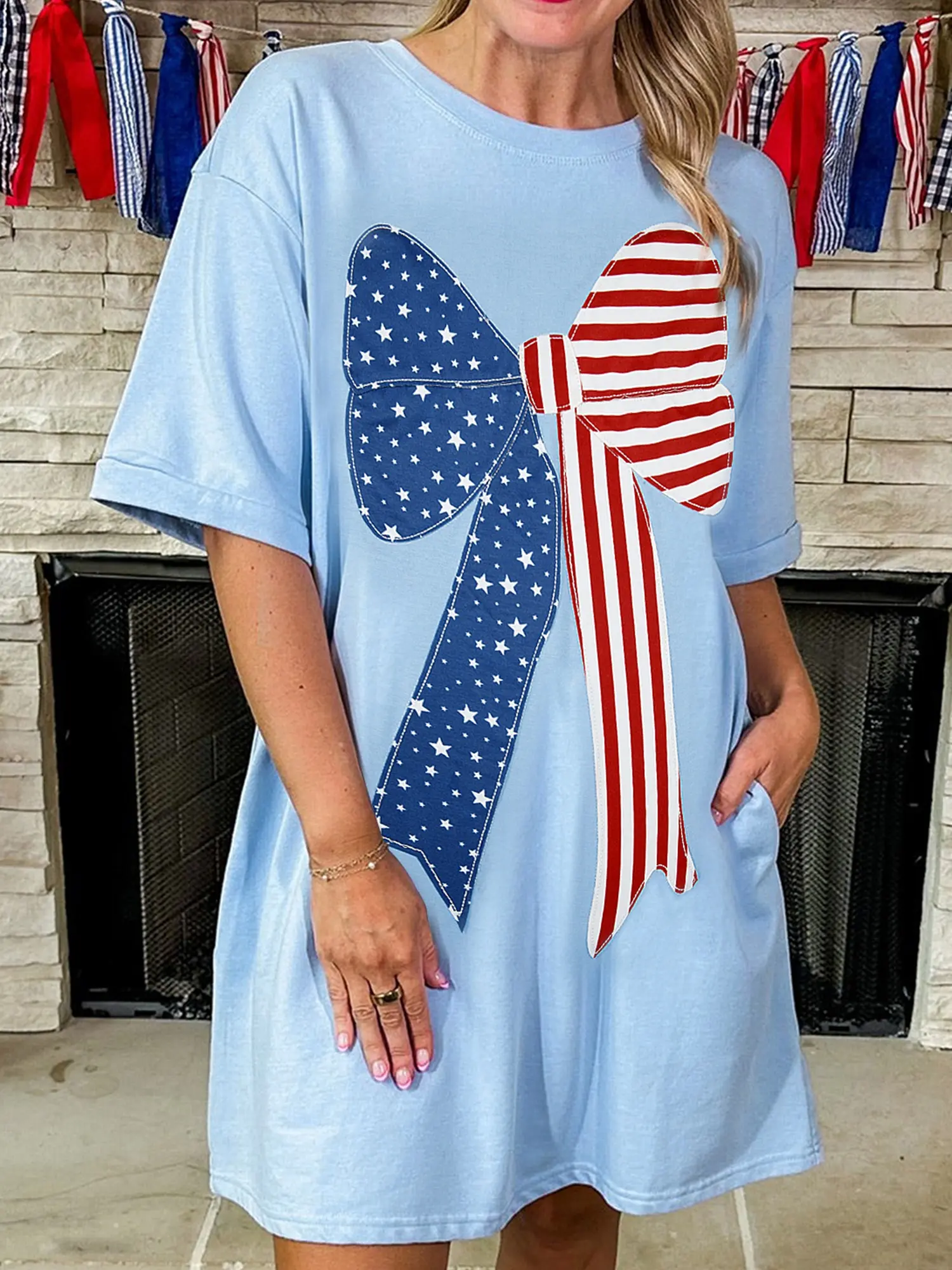 Beau Blue Patriotic Big Bow Stitched T Shift Mini Dress Women's Summer Crew Neck Short Sleeve USA American Flag Graphic Dress Casual Loose Fit Cotton Blend 4th of July Independence Day Memorial Holiday Party Dress