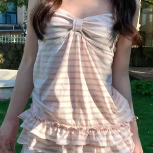 Sweet Striped A-Line Ruffle Spaghetti Strap Vest, Y2K Style Pleated Twist Fashion Top, Tight-Fitting Fall & Winter Women's Clothing