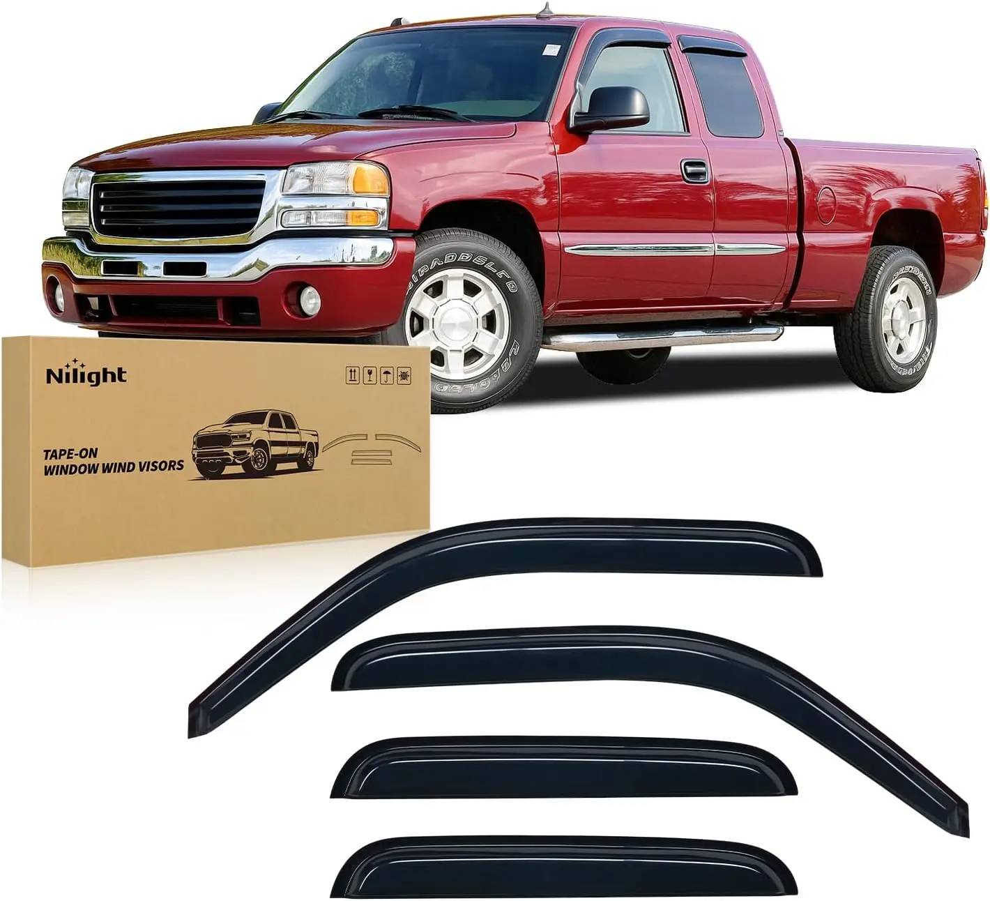 Nilight Automotive Side Window Visors, 4PCS Out-Channel Tape-On Rain Guards for Chevy Silverado/GMC Sierra 1500/2500/3500/2500HD Extended Cab 1999-2006, Car & Vehicle Exterior Accessories - Block Rain, Reduce Wind Noise, Prevent Mirror Fogging, Side Windo
