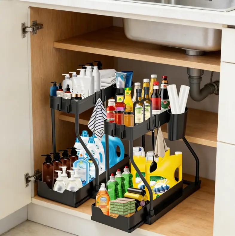 Multi-Purpose 2-Tier Under Sink Organizer with Sliding Pull-Out Basket, Space-Saving Storage Shelf for Kitchen & Bathroom cap door makeup brush holder anniversary wedding gift cosmetic storage basket shoe must have usb rechargeable pump home shelving