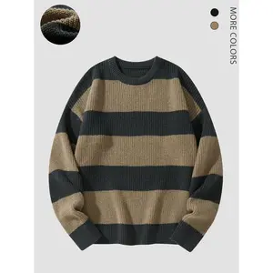 Men’s color-blocked striped off-shoulder sweater, autumn and winter loose casual long-sleeve crewneck knit sweater, everyday fashion GARMENTARY