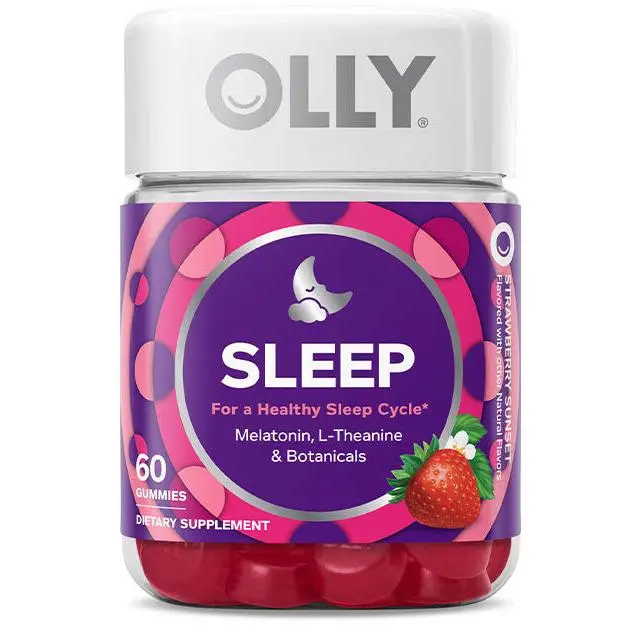 OLLY Sleep Gummy, 3 mg Melatonin, L-Theanine, Chamomile, Lemon Balm, Sleep Aid, Strawberry, 60 Count OLLY Sleep Gummy, 3 mg Melatonin, L-Theanine, Chamomile, Lemon Balm, Sleep Aid, Strawberry, 60 Count