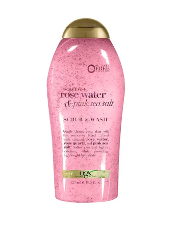 OGX Sensitive + Rose Water & Pink Sea Salt Body Scrub, 19.5 fl oz | Gentle Exfoliating Daily Body Wash, Rose Quartz, Softens Skin, Sulfate-Free Surfactants