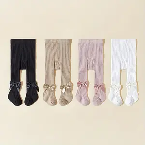3/4 Pack of Solid Color Knitted Tights for Girls, Spring Autumn with Bow Decoration.