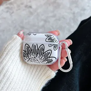 Floral Line Sketch Pattern TPU Soft Protective Case for Apple AirPods 4/3/2/1/Pro/Pro2 Transparent Earphone Cover with Keychain Attachment