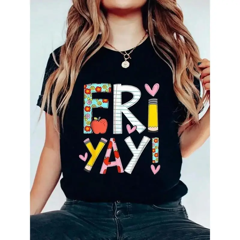 Women's Short-Sleeve Seamless Round Neck Teacher T-Shirt, Fri-Yay! Fun Friday Attire, Colorful Letter Print With Floral Elements, Soft Cotton Casual Fabric Event Wear