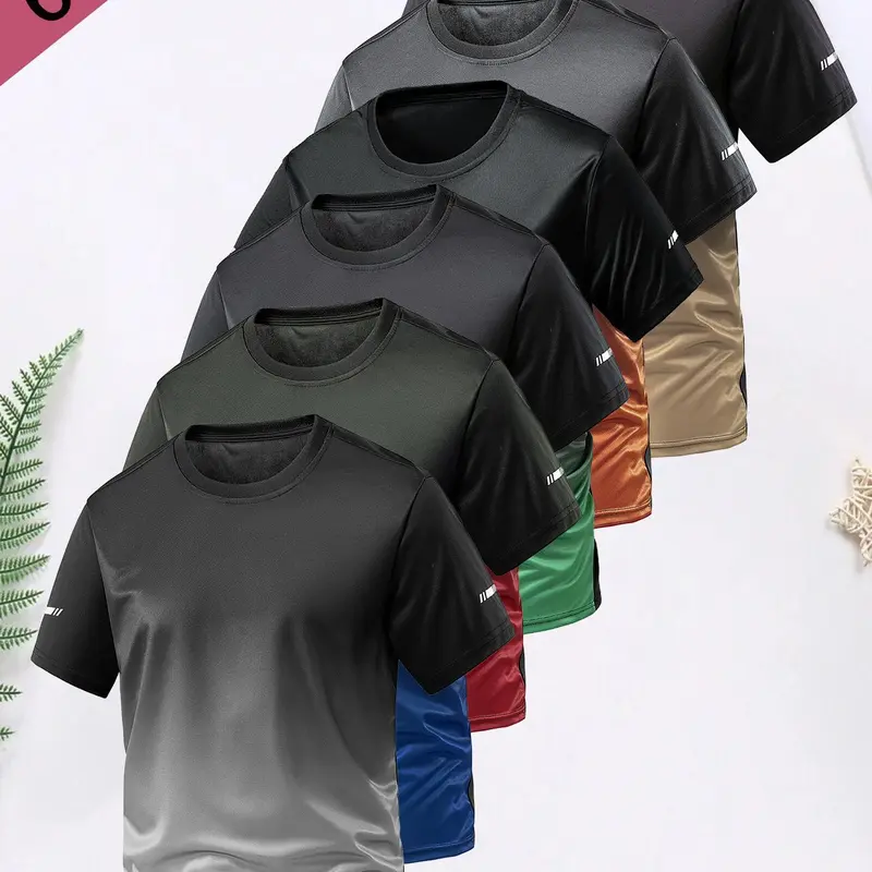 Men's Gradient Color Ombre Short Sleeve Jersey Tee Shirt, Summer Casual Round Neck Fitted Sporty Athletic Top for Daily Wear & Outdoor Activities, Activewear, Athletic Style Shirt, Fitted Design Activewear