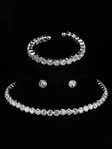 Women's Elegant Rhinestone Decorated Beaded Necklace & Dangle Earrings & Bracelet, Exquisite Trendy, Fashionable Accessories for Party & Daily Clothing Decor, Wedding Set Earrings, Fashionable Jewelry Set