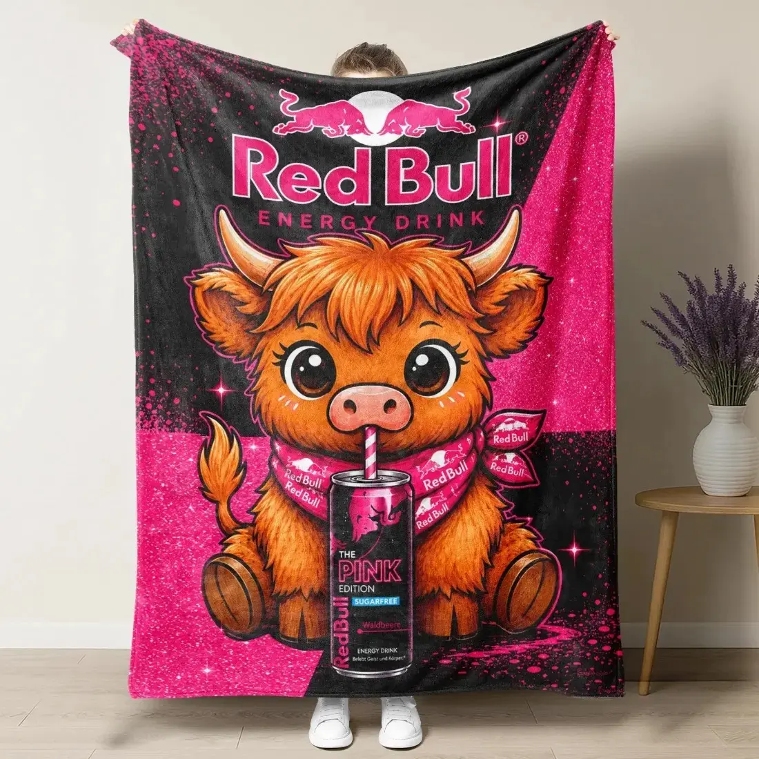 Red Bull Peach Edition Highland Cow Flannel Throw Blanket, Funny Energy Drink Inspired Cozy Blanket, Soft Warm Plush Throw for Home Decor, Couch Sofa Bedding, Cute Highland Cow Gift for Fans, Holiday Birthday Gift
