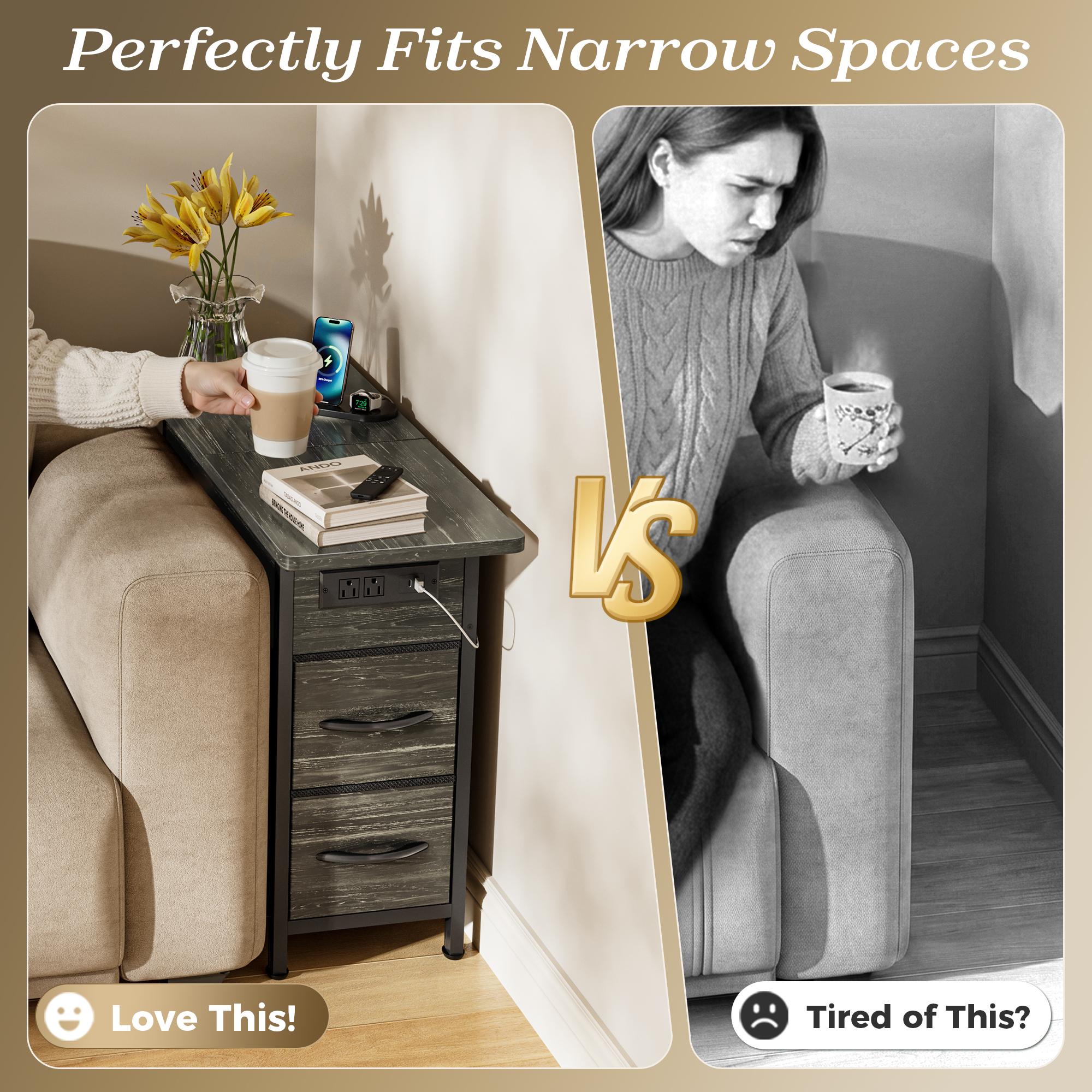 Huuger Narrow End Table with Charging Station, Flip Top Side Table with 2 Fabric Drawers, Slim Night Stand with USB-C Port for Small Spaces, Nightstand Bedside Couch Table, Living Room
