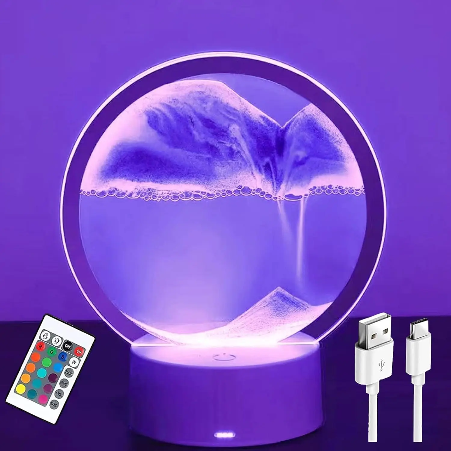 3DMoving Sand Art,360? Rotating Hourglass Decoration table lamp ,7 Color Changing Sand Liquid Motion Desk Lamp,RGB Color Creative Sea Quicksand Moving Sand Art Picture Night Light(Purple with Remote)