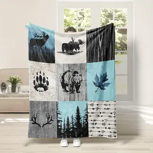 Country style blankets, vintage forest bear elk print flannel blankets, soft warm blankets, nap blankets, sofa office beds for camping trips, multi-purpose gift blankets for all seasons