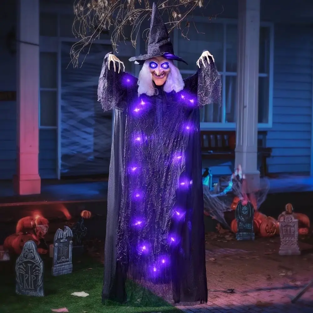6FT Halloween Witch Decoration – Animatronic Hanging Witch with Light-Up Eyes & Sound, Outdoor Scary Decor Joyfy