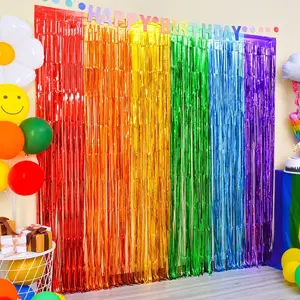 Rainbow Foil Fringe Curtains 2 Pack Rainbow Party Decorations 3.3x6.6ft Tinsel Metallic Streamers Holiday Photo Booth Props Backdrop for Birthday Wedding Engagement Bridal Shower