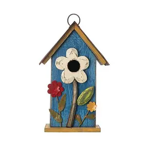 Glitzhome 10.25" Distressed Solid Wood Birdhouse with Flower