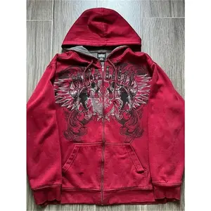 Y2K Skeleton Zipper Hoodie 90s Retro Pattern Printed Zipper Top Sweatshirt Can be used with raincoat