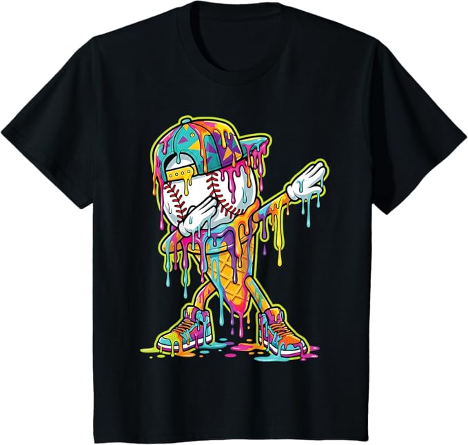Baseball Ice Cream Dripping Dabbing Baseball Drip T-Shirt, Funny Baseball Drip Ice Cream Youth, Soft & Comfortable Cotton Top