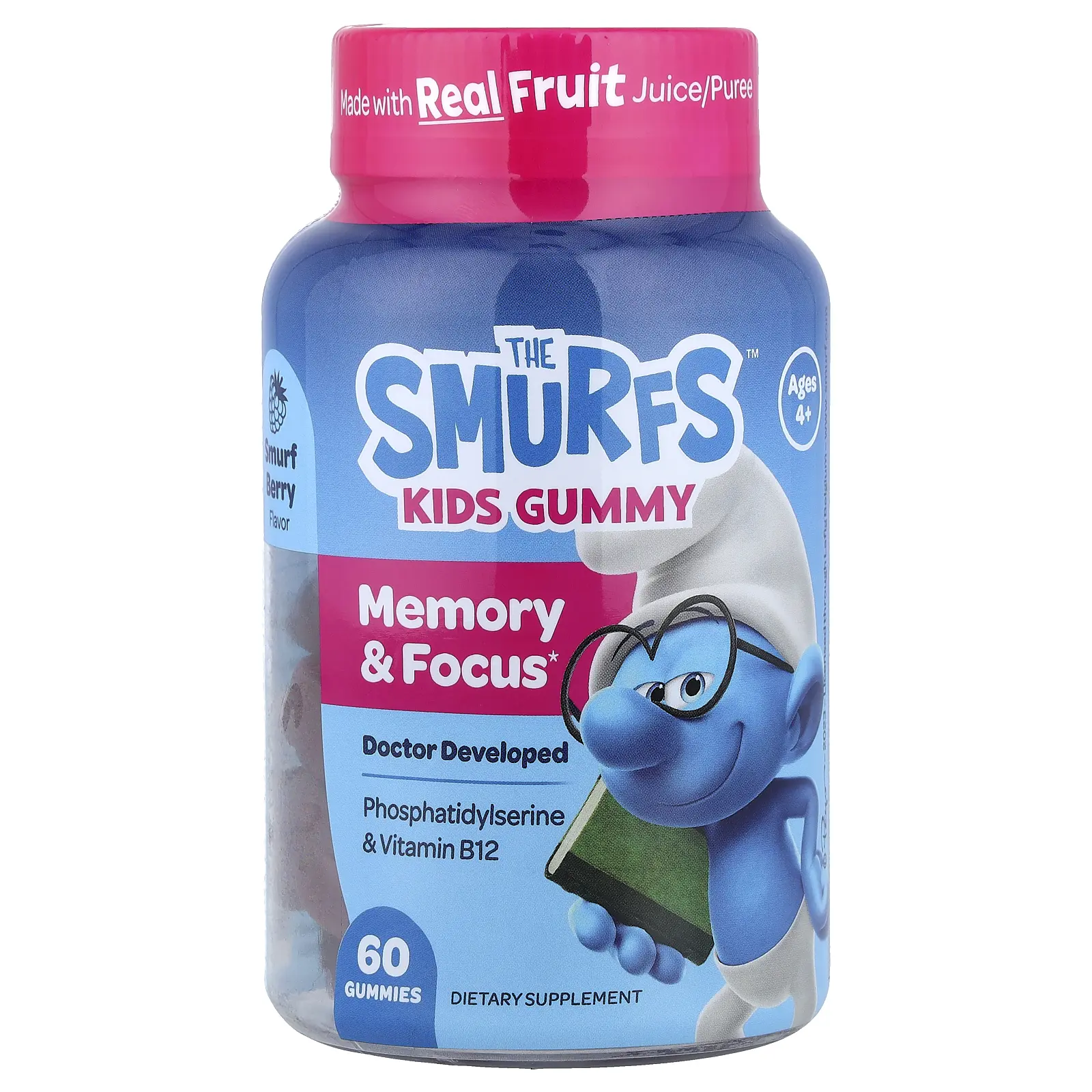 The Smurfs Kids Gummy, Memory & Focus, Ages 4+, Smurf Berry, 60 Gummies