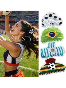 Women's Half Round Hair Claw Clips，Soccer Football Pattern Argentina Brazil Flag Print Glitter Acrylic Hair Jaw Clamps, Strong Hold Non Slip Secure Grip Hair Accessories for Thick Thin Curly Fine Straight Hair, Daily Sports Game Day Fan Gift Hair Clips